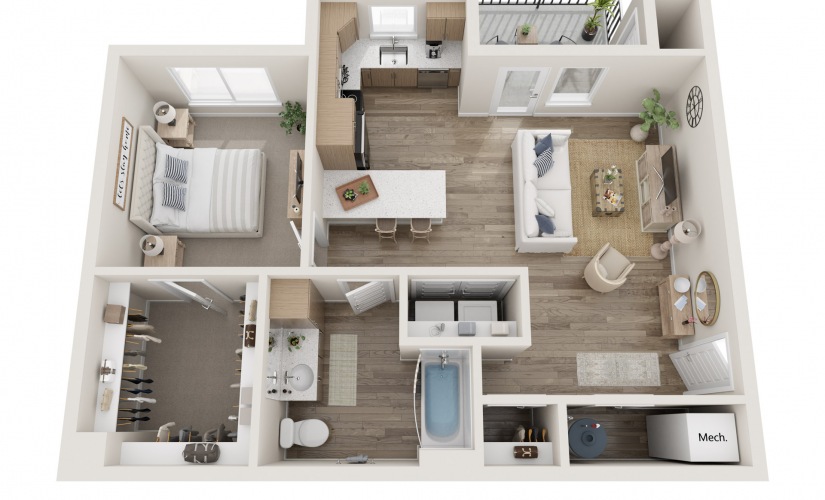 1x1A - 1 bedroom floorplan layout with 1 bathroom and 778 square feet