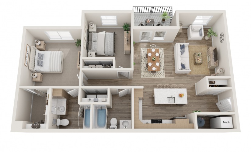 2x2A - 2 bedroom floorplan layout with 2 bathrooms and 1079 square feet