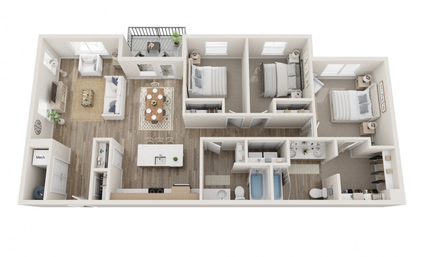 3x2A - 3 bedroom floorplan layout with 2 bathrooms and 1357 square feet