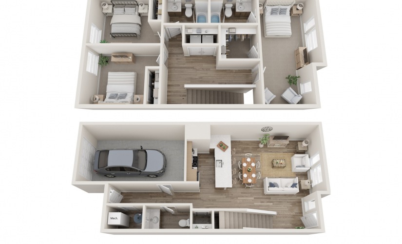 3x2.5TH- B - 3 bedroom floorplan layout with 2.5 bathrooms and 1535 square feet